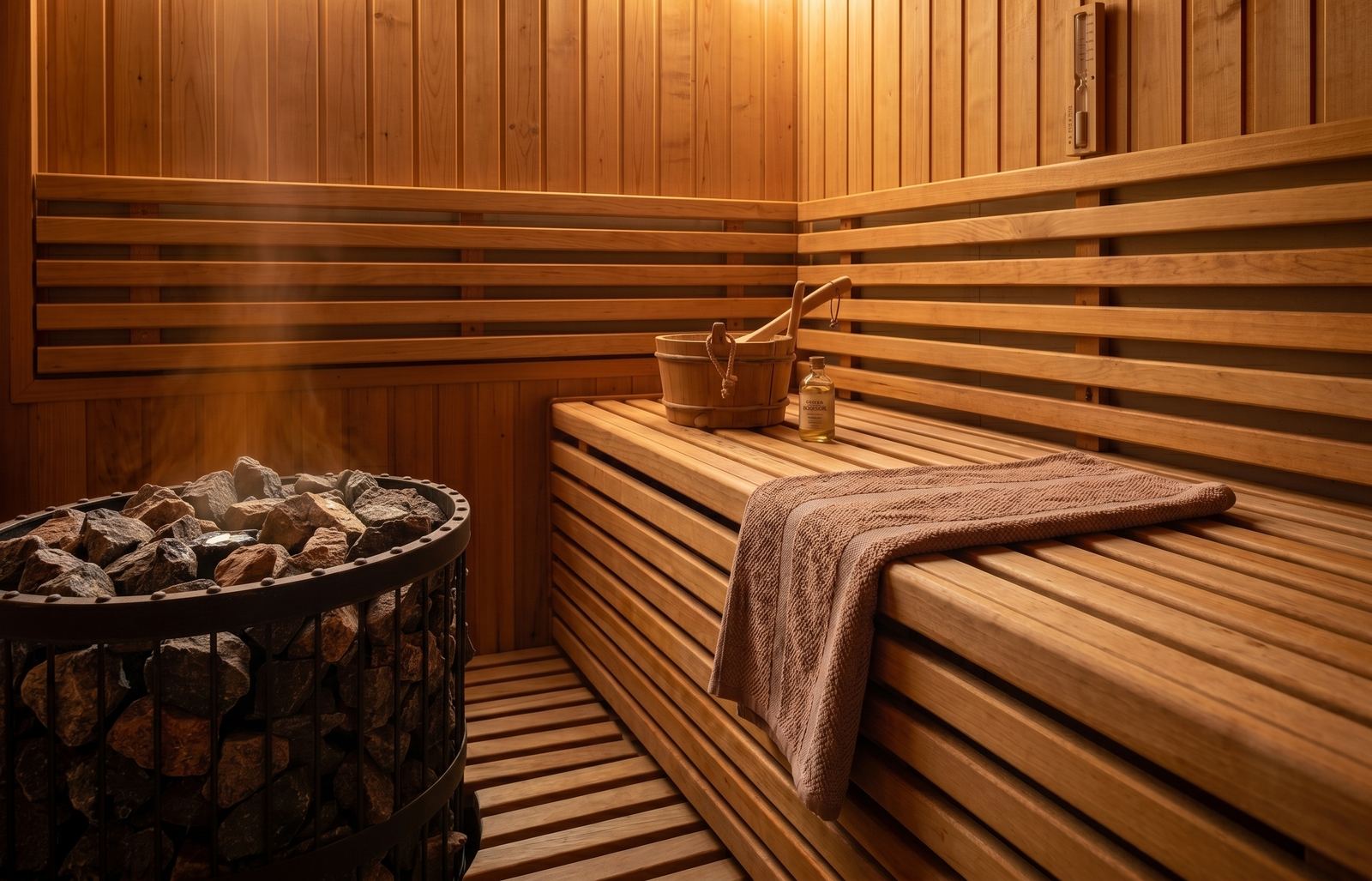 Innenraum der finnischen Sauna mit Holzbänken